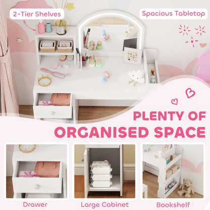 AIYAPLAY Kids Vanity Table and Chair Set, Girls Dressing Table with 2-Colour LED Mirror, Stool, Cabinet, Drawer, Shelves, White