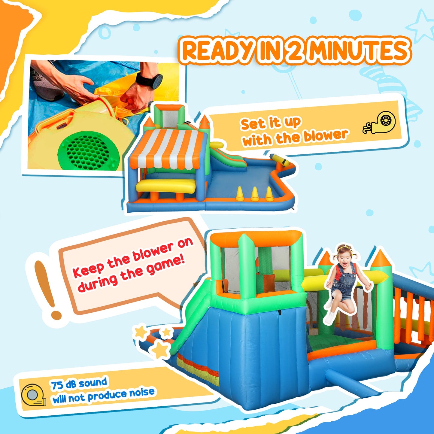 AIYAPLAY 8 in 1 Inflatable Bounce House with 680W Blower, Slide, 2 Pools, Basketball Hoop, Climbing Wall, Water Gun, Ring Toss