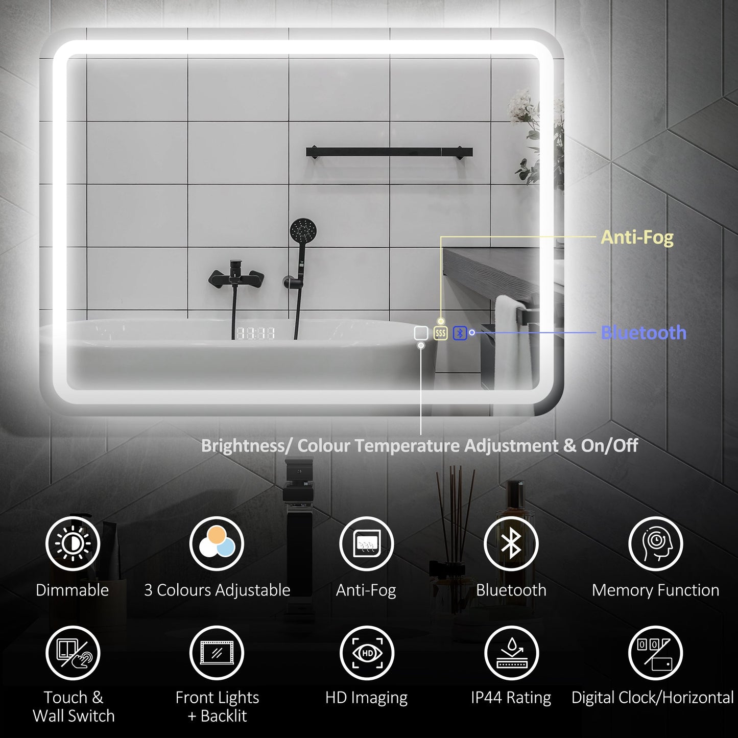 HOMCOM 60 x 80 cm Bluetooth LED Bathroom Mirror with Clock Anti-Fog - Silver Tone