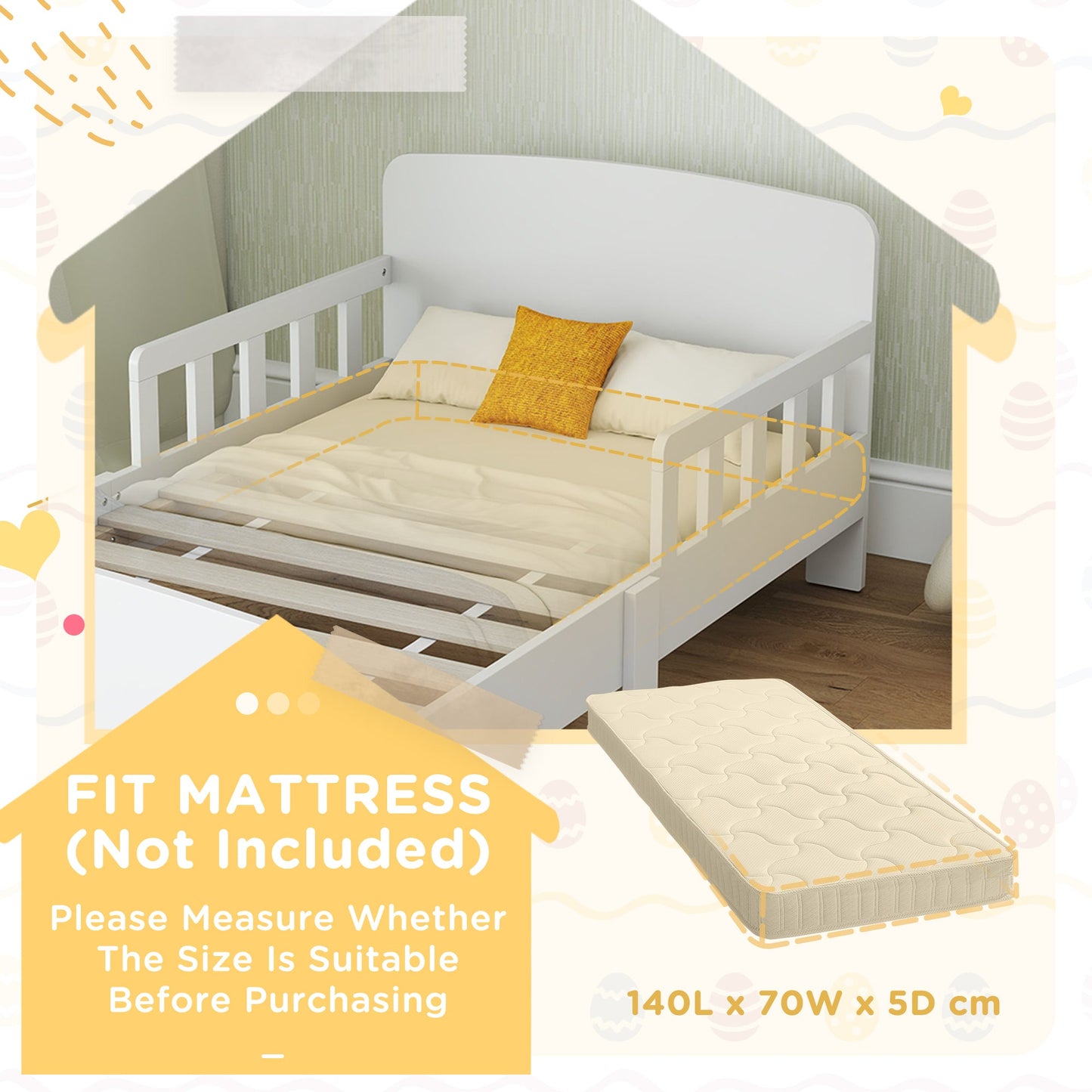 AIYAPLAY Toddler Bed, Kids Bed Frame with Safety Side Rails, Kids Bedroom Furniture for Ages 3-8 Years, White