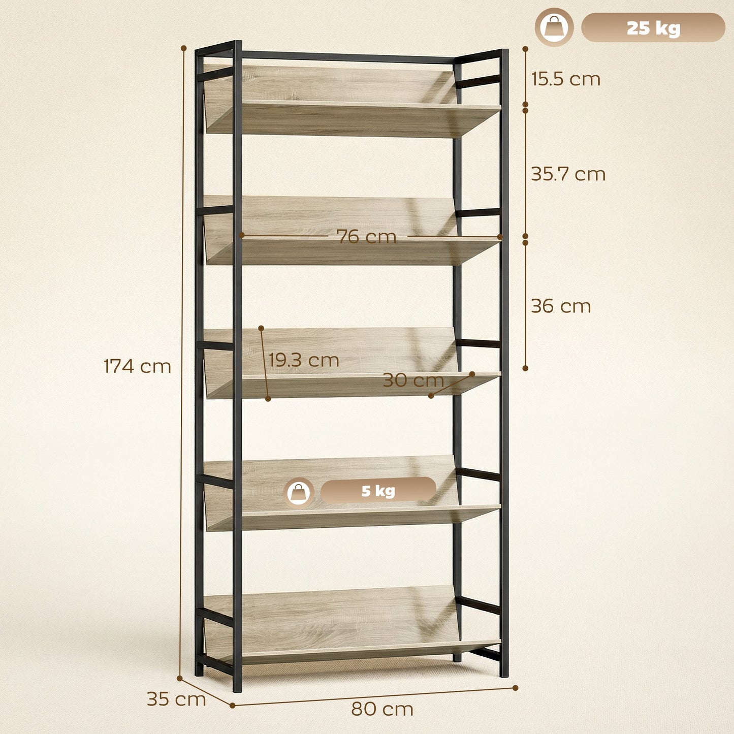 HOMCOM Bookshelf 5-Tier Metal Frame Bookcase Storage Shelves for Living Room Oak
