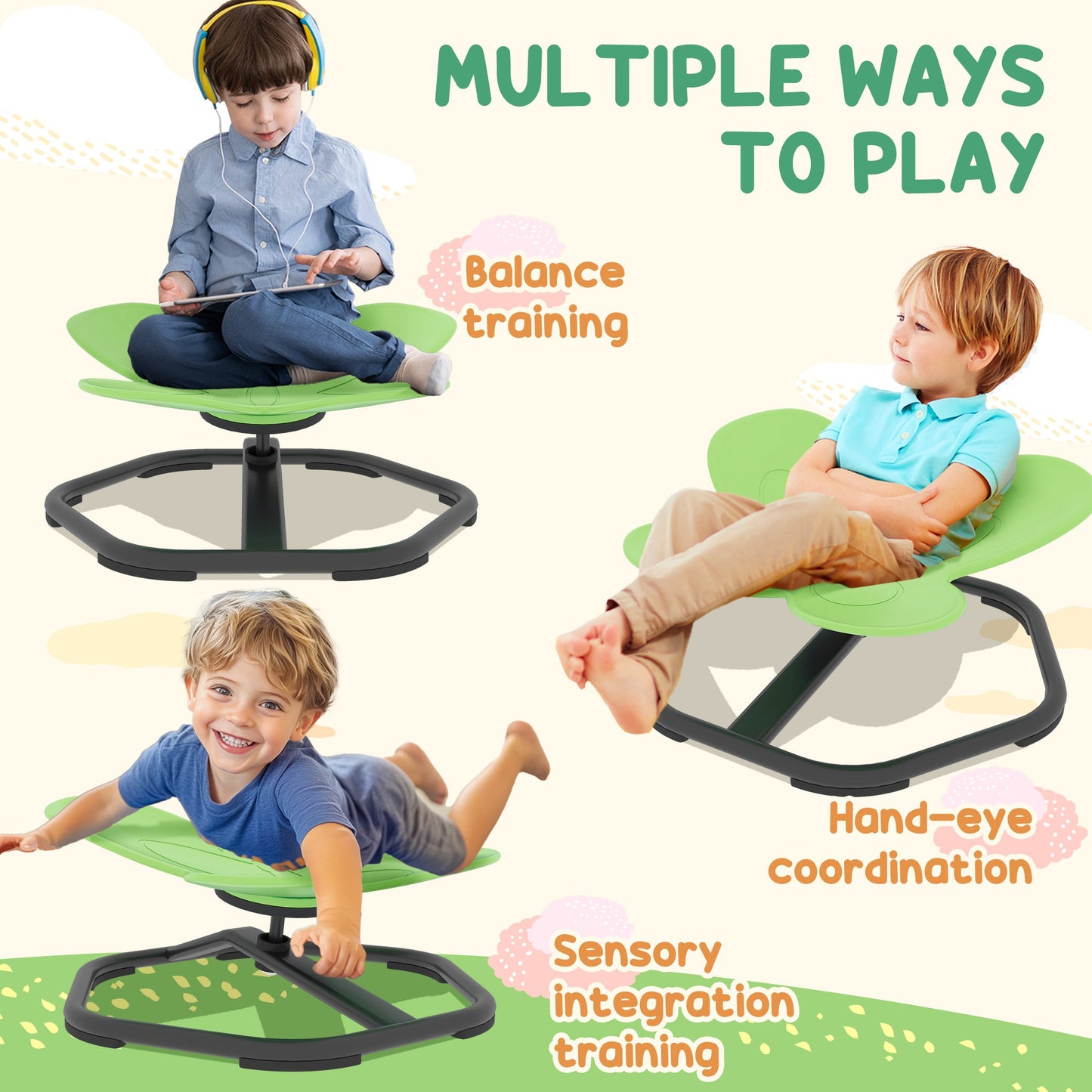 AIYAPLAY Butterfly-Shaped Kids Swivel Chair, Sensory Spinning Chair for Balance and Coordination Training, Green