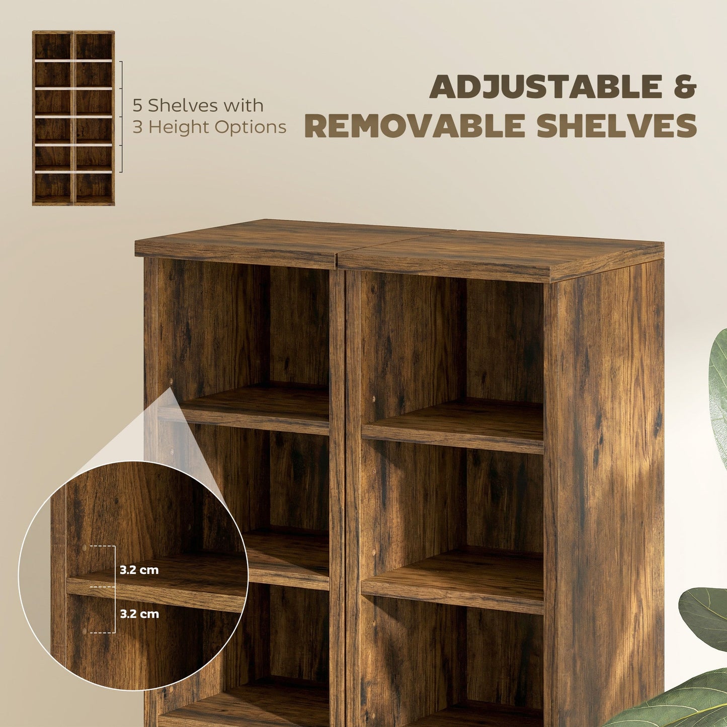 HOMCOM Set of 2 CD Media Display Shelf Unit Tower Rack with Adjustable Shelves, Rustic Brown