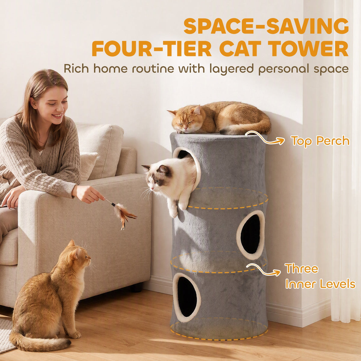 PawHut Cat House for Indoor Kittens, Cat Condo with Removable Washable Cover, Modern Barrel-Shaped Kitty Cave Bed