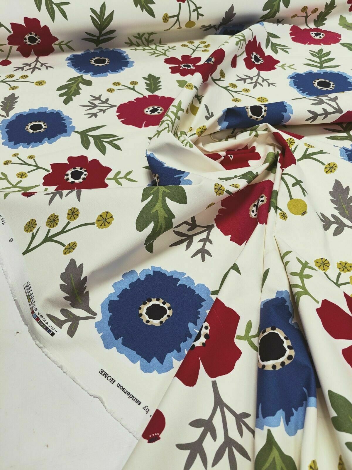 Sanderson Wind Poppies Marine/Crimson Curtain Fabric By The Metre