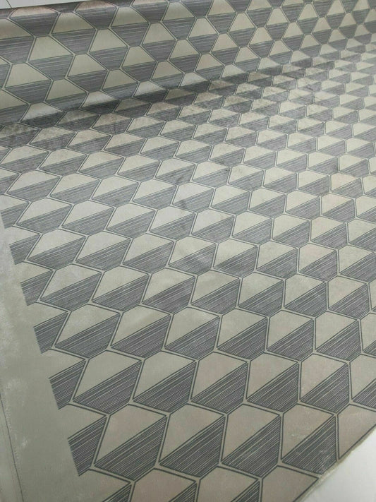 Velvet Geometric Blue/Silver FR Upholstery Fabric By The Metre